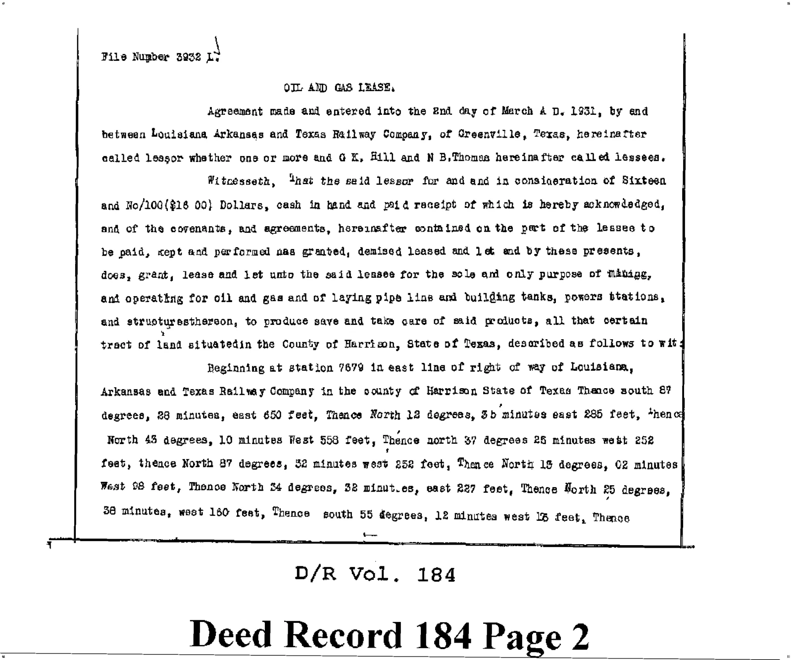 Louisiana Arkansas Railway Company - Recorded Lease - Gas, Oil, Mineral (Vol. 184, Page 2)