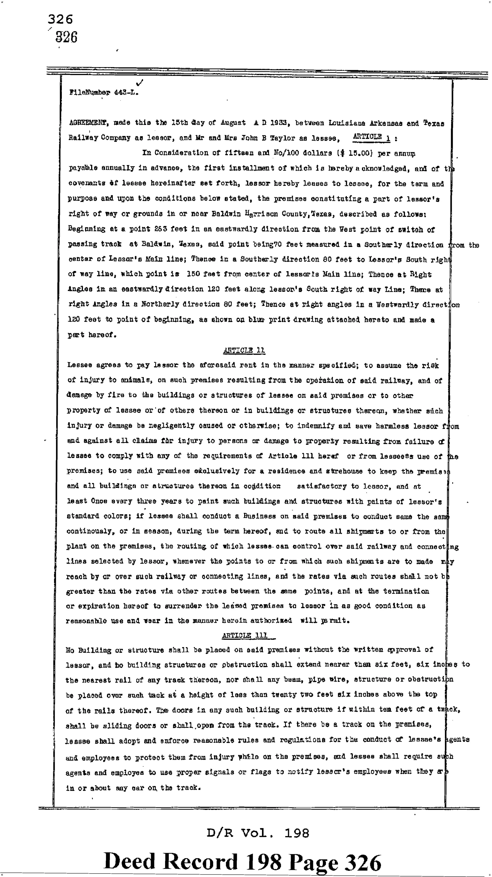Louisiana Arkansas Railway Company - Recorded Lease (Vol. 198, Page 326)
